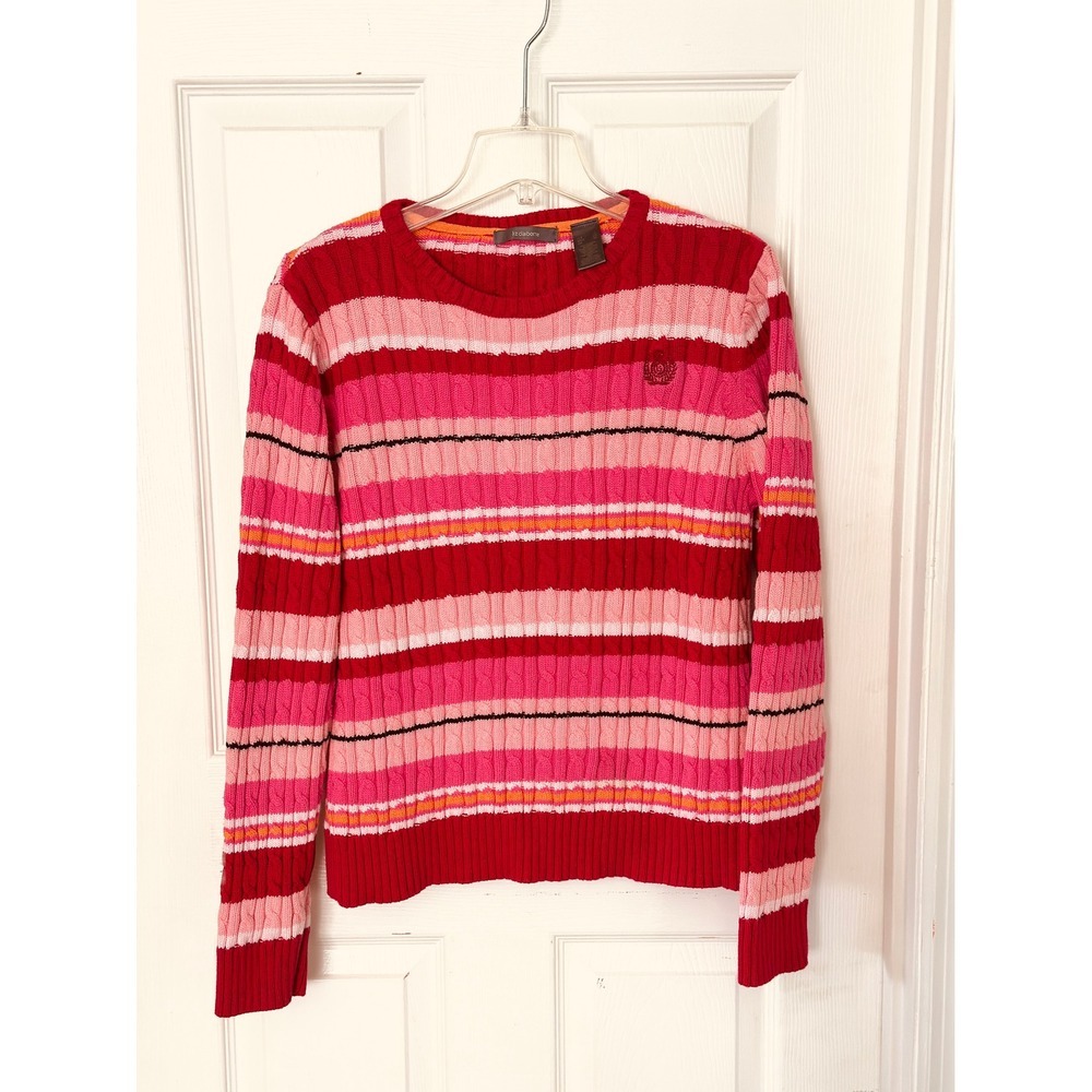 Liz Claiborne Womens XL Pink Red Striped Cable Knit 100% Cotton Sweater Crewneck